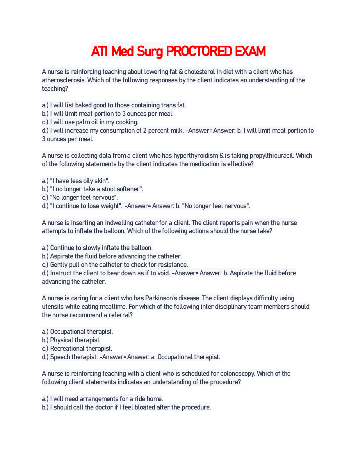 Preview image of ATI Med Surg PROCTORED EXAM document